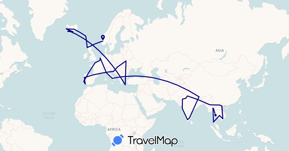TravelMap itinerary: driving in Belgium, Faroe Islands, France, United Kingdom, Greece, Croatia, Hungary, India, Iceland, Italy, Cambodia, Myanmar (Burma), Netherlands, Norway, Nepal, Portugal, Thailand, Ukraine, Vietnam (Asia, Europe)